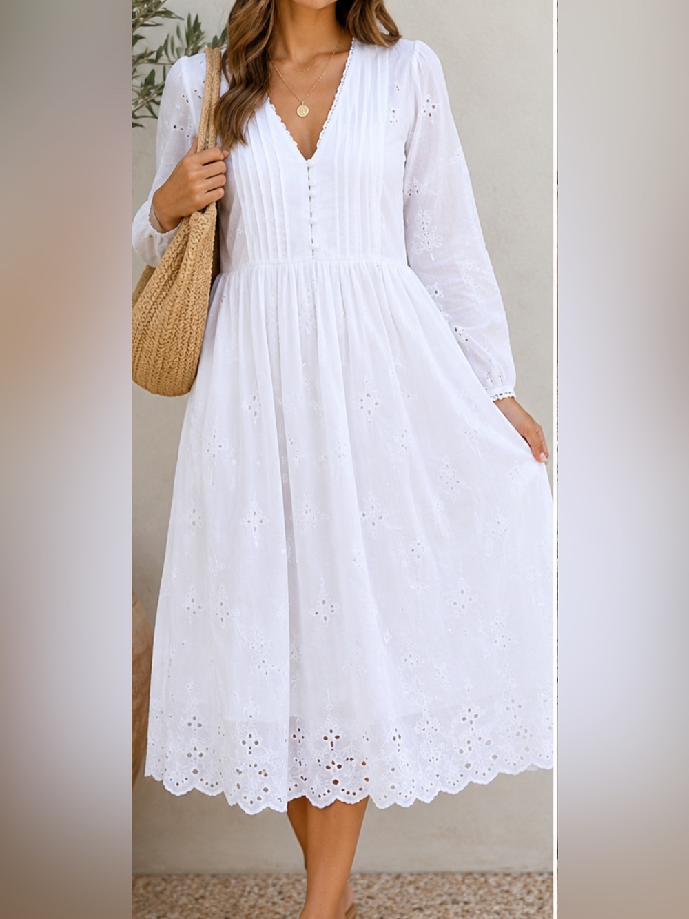 Zara White Cotton Eyelet Embroidered Midi Dress Size L Long Sleeve